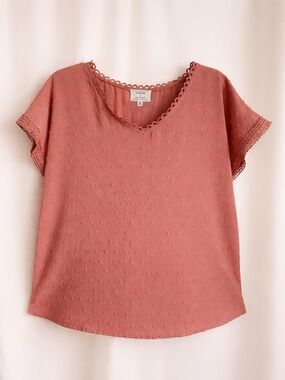 Flower & Feather‎ Dusty Rose Swiss Dot Lace Trim Blouse XL Boho Romantic Top